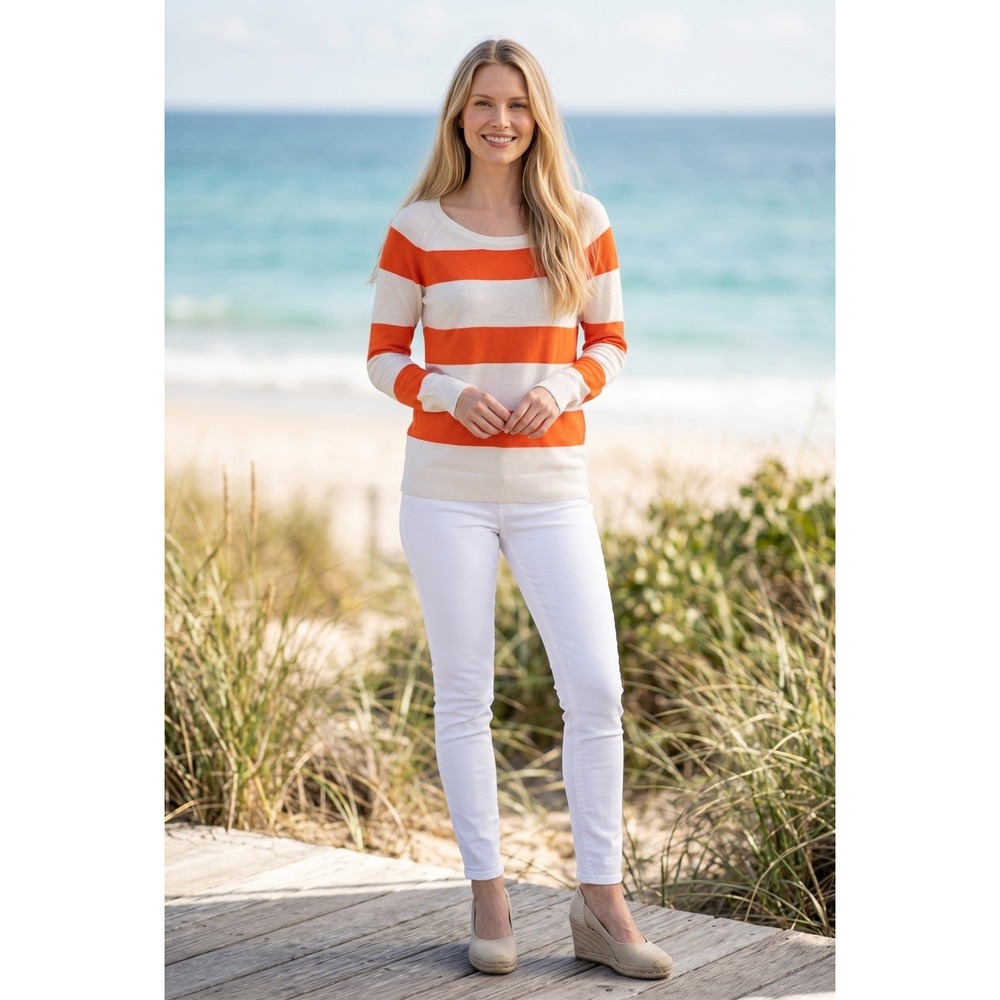 J.Crew Orange White Nautical Stripe Linen Cotton Coastal Sweater Scoop Neck M